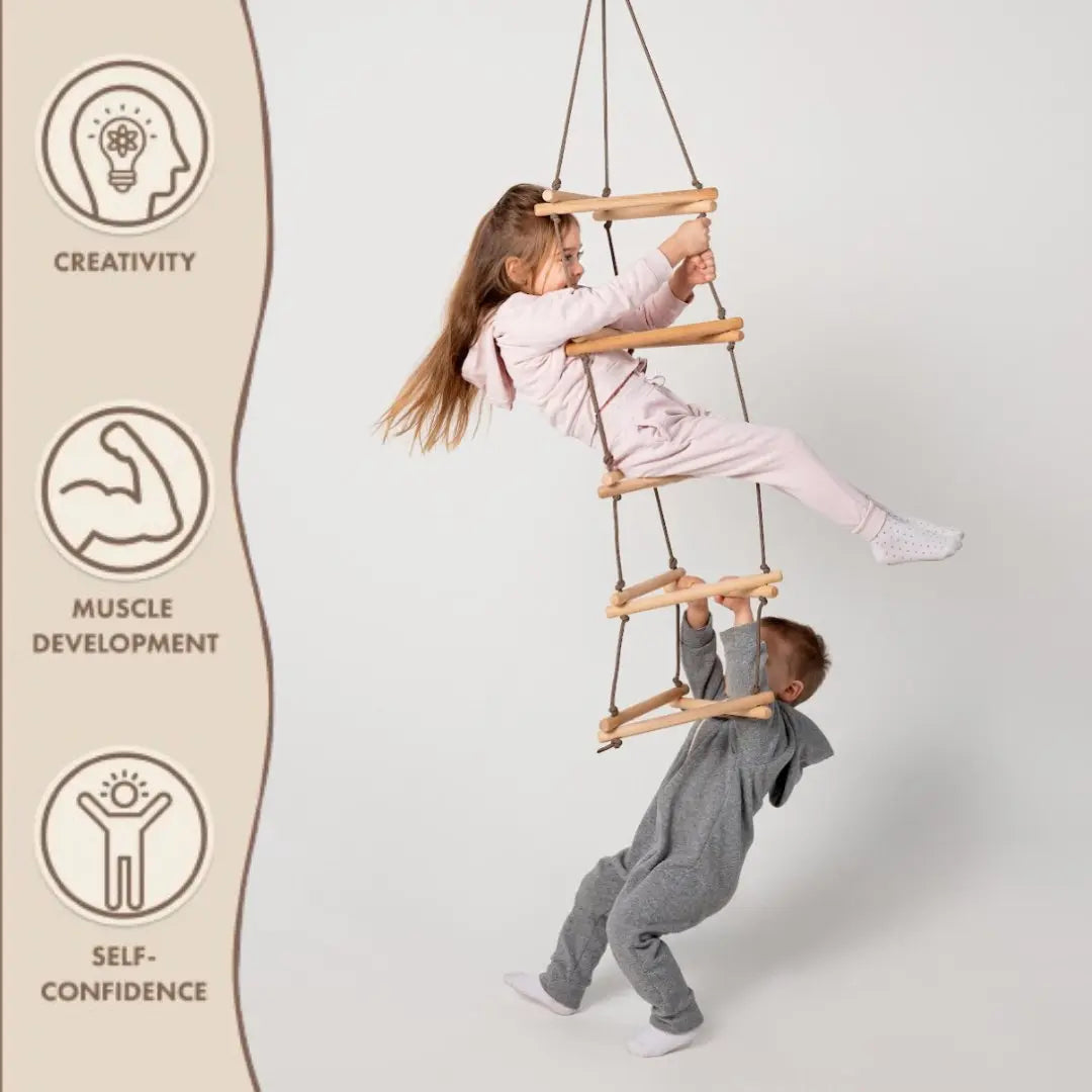 Two children in pajamas climb a Triangle rope ladder for kids—a developmental climbing toy designed for young explorers. On the left, icons and text highlight its benefits: Creativity, Muscle Development, and Self-Confidence. The background is light and minimalistic.