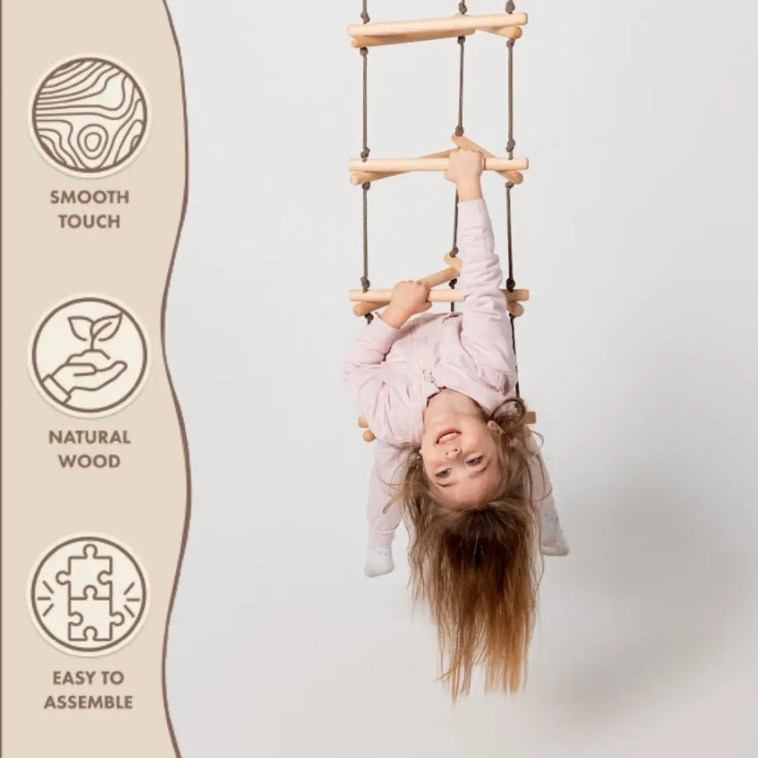 A smiling child hangs upside down from the Triangle Rope Ladder for Kids, a wooden climbing ladder designed for active play. Beside the child, icons and text highlight its features: smooth touch, natural wood, and easy assembly—the perfect developmental climbing toy.