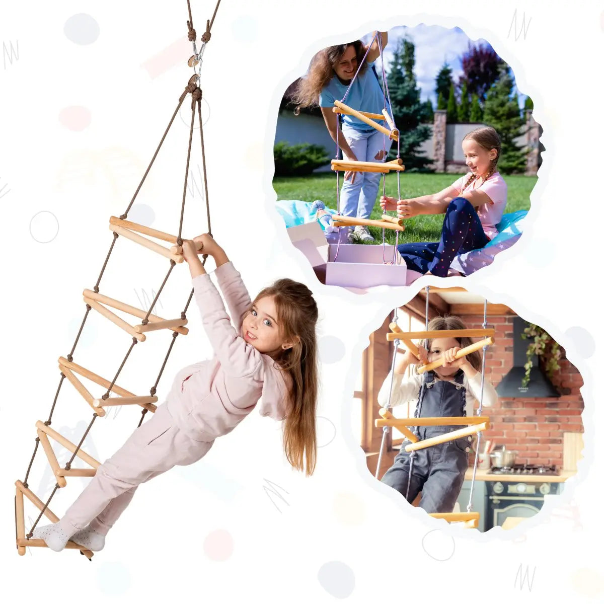 A young girl climbs a wooden rope ladder indoors, highlighting the Triangle rope ladder for kids—a developmental climbing toy designed to encourage active play. Two inset images feature children enjoying a climbing ladder for kids on similar ladders, both outdoors and indoors.