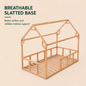 Twin Size Montessori House Bed for Kids with Fence features a breathable slatted base for better airflow and reliable mattress support. Crafted from solid beech wood, this charming low house bed offers sturdy construction and inviting style, making it a perfect addition to any child’s room.