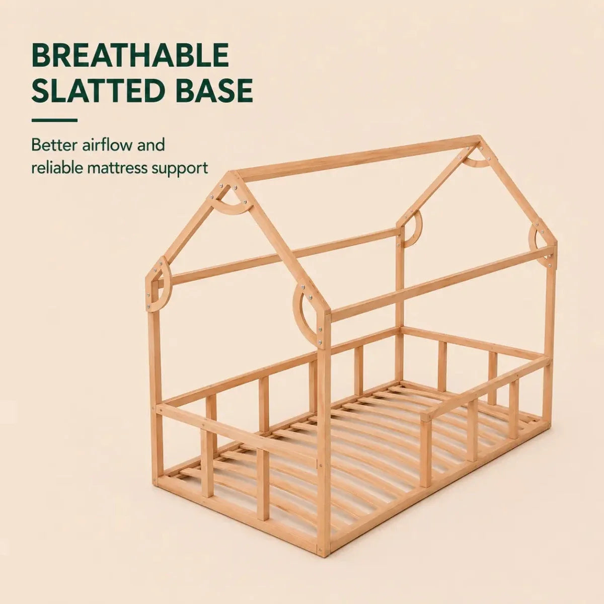 Twin Size Montessori House Bed for Kids with Fence features a breathable slatted base for better airflow and reliable mattress support. Crafted from solid beech wood, this charming low house bed offers sturdy construction and inviting style, making it a perfect addition to any child’s room.