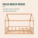The Twin Size Montessori House Bed for Kids with Fence is a charming wooden bed frame shaped like a house, expertly crafted from solid beech wood. It offers greater strength and durability compared to pine alternatives, ensuring both style and lasting quality for your child’s room.