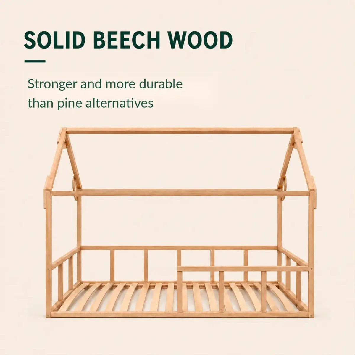 The Twin Size Montessori House Bed for Kids with Fence is a charming wooden bed frame shaped like a house, expertly crafted from solid beech wood. It offers greater strength and durability compared to pine alternatives, ensuring both style and lasting quality for your child’s room.