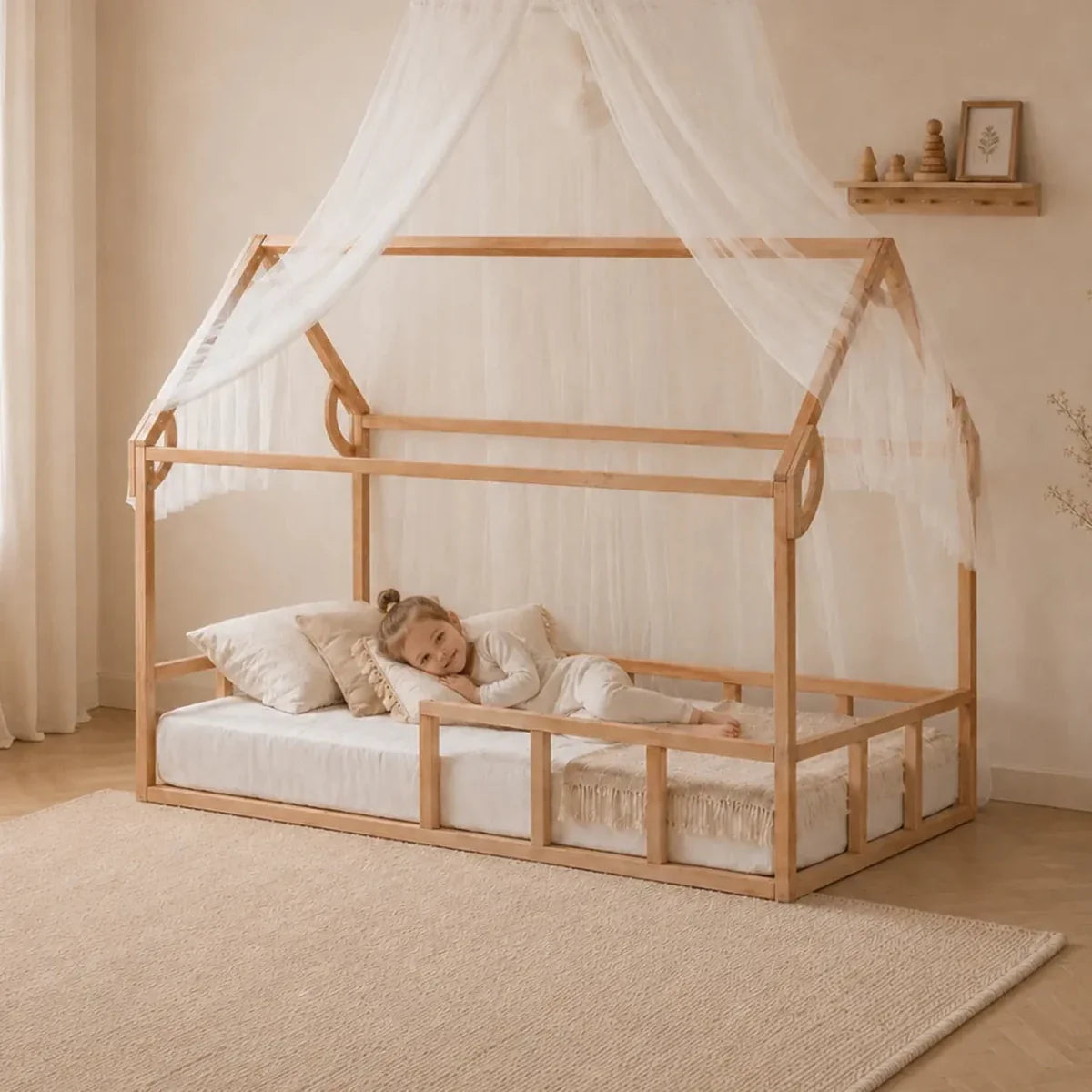 A child lies on a Twin Size Montessori House Bed for Kids with Fence, crafted from solid beech wood and adorned with sheer white canopy curtains. The room features neutral tones, a beige rug, and minimal decor.