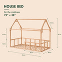 The Twin Size Montessori House Bed for Kids with Fence is expertly crafted from solid beech wood and features open sides along with a charming roof outline. Measuring 78.3″ in length, 40.5″ in width, and 55.1″ in height, it fits a standard 75 x 38 mattress. Both vertical and horizontal distances are clearly marked on this low house bed frame to ensure easy setup.