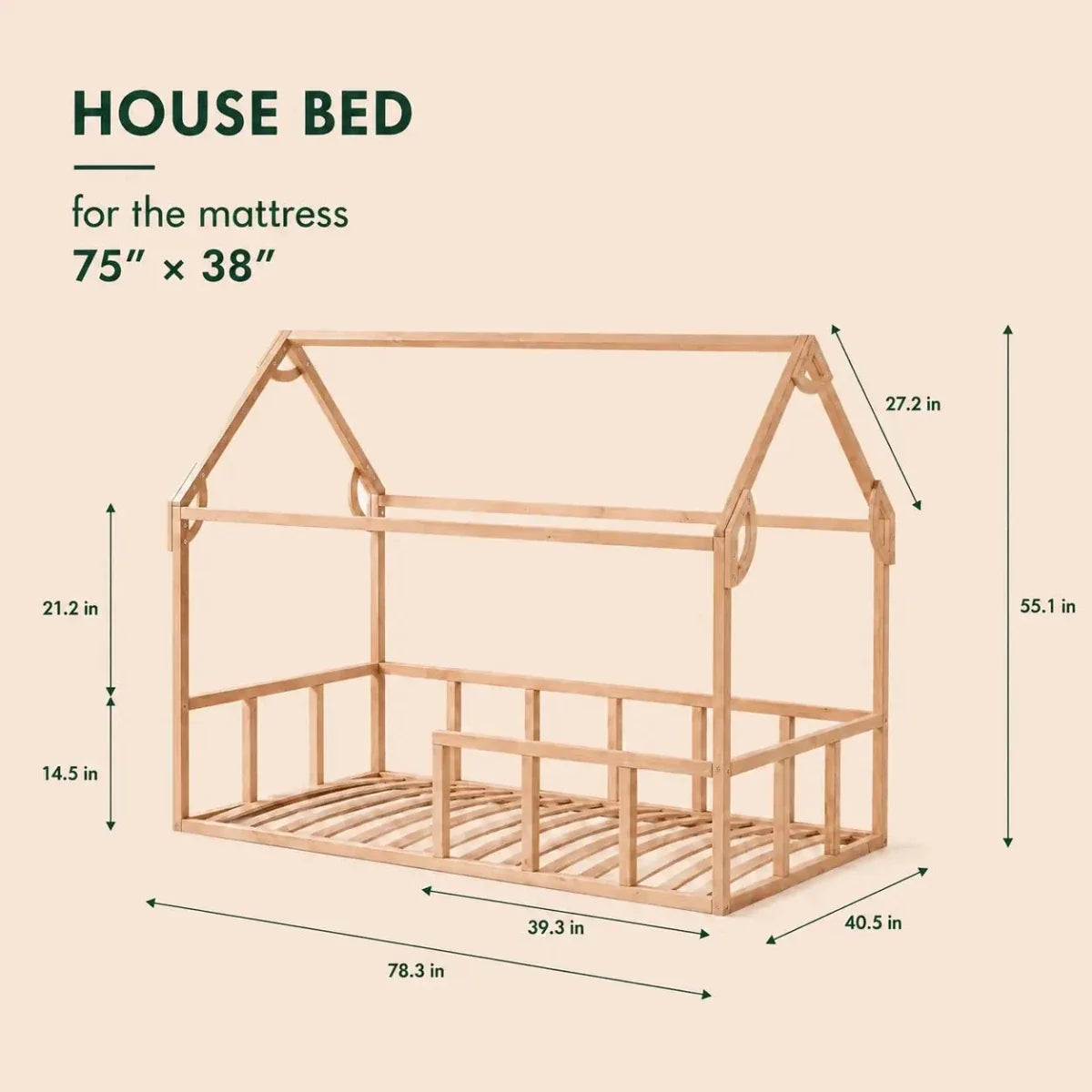 The Twin Size Montessori House Bed for Kids with Fence is expertly crafted from solid beech wood and features open sides along with a charming roof outline. Measuring 78.3″ in length, 40.5″ in width, and 55.1″ in height, it fits a standard 75 x 38 mattress. Both vertical and horizontal distances are clearly marked on this low house bed frame to ensure easy setup.