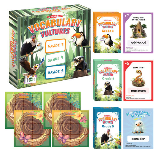 Vocabulary Vultures Word Game with a boxed vocabulary game, three separate grade-level learning games, and several illustrated playing cards featuring birds, wildlife, and words.