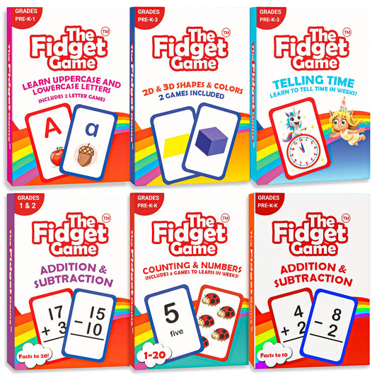 Card Pack Bundle (6 Learning Sets, 416 Cards) consisting of six boxes of children’s learning games, each featuring topics like ABCs, shapes, time, and preschool math, with sample cards displayed on each box.