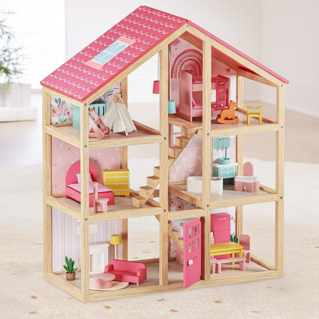The Tiny Land® Sweetwood Love Dollhouse without Dolls features a pink roof, several rooms, beds, chairs, tables, and stairs—perfect for imaginative play. Displayed on a light carpeted floor in a bright room.