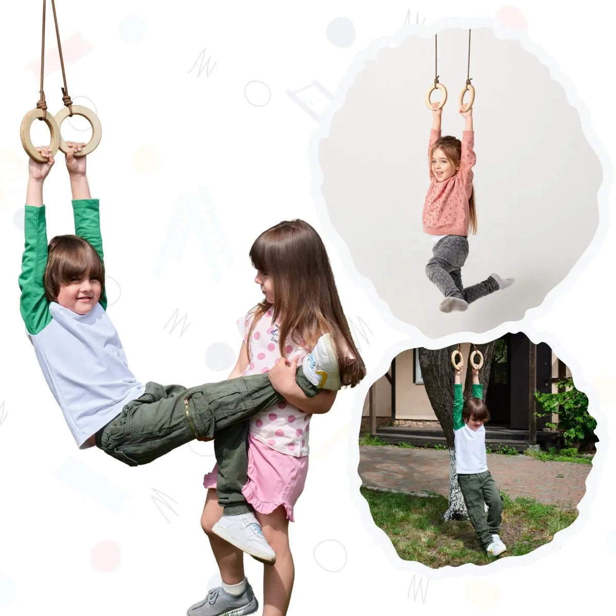 Three children enjoy playing together with the Wooden gymnastic rings for kids; one girl hangs indoors, a boy swings on the rings outdoors, and another girl supports him—all smiling as they build physical strength and have fun with children’s fitness activities.