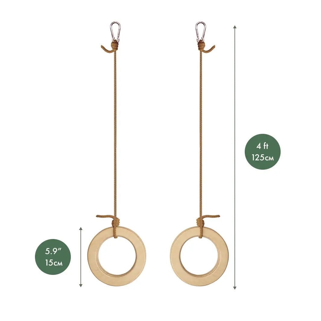 The Wooden gymnastic rings for kids set includes two wooden rings, each suspended from a 4 ft (125 cm) brown rope with a metal clip at the top. The rings measure 5.9 in (15 cm) in diameter, making them ideal for encouraging children’s fitness and supporting their physical development.