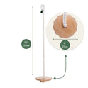 Wooden rope swing for kids with a round wooden seat and a 59-inch (150 cm) long sturdy rope—ideal for gym play indoors or outdoor fun. The inset highlights the secure center knot in the 9-inch (23 cm) diameter wooden seat.