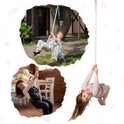 Three children use the Wooden rope swing for kids: one enjoys outdoor play while swinging from the rope swing attached to a tree, another plays indoors in a home gym, and a third child in pink smiles while swinging inside. The images are displayed on a white background.