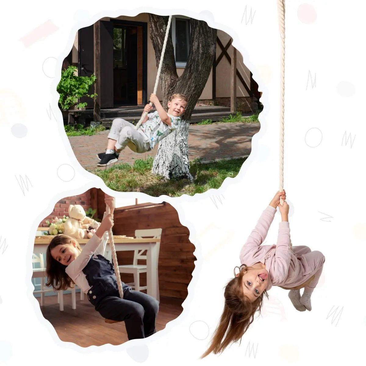 Three children use the Wooden rope swing for kids: one enjoys outdoor play while swinging from the rope swing attached to a tree, another plays indoors in a home gym, and a third child in pink smiles while swinging inside. The images are displayed on a white background.