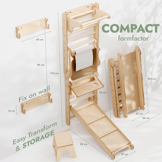 The Wooden Swedish Wall offers a climbing ladder for children, swing set, slide board, and art add-on. This wall-mounted modular playset is space-saving and versatile, with labeled measurements for easy transformation and compact storage.