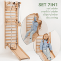 A child climbs a Wooden Swedish Wall / Climbing ladder for Children with Swing Set, Slide Board, and Art Add-on. Insets show kids on the ladder and sliding. Text: SET 7IN1. Montessori-inspired indoor wooden play equipment.