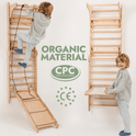 Two young children in light blue pajamas play on the Wooden Swedish Wall Climbing Ladder with Swing Set, Slide Board, and Art Add-on. Text says ORGANIC MATERIAL, CPC, and CE, highlighting safety and certification. Light minimal background.