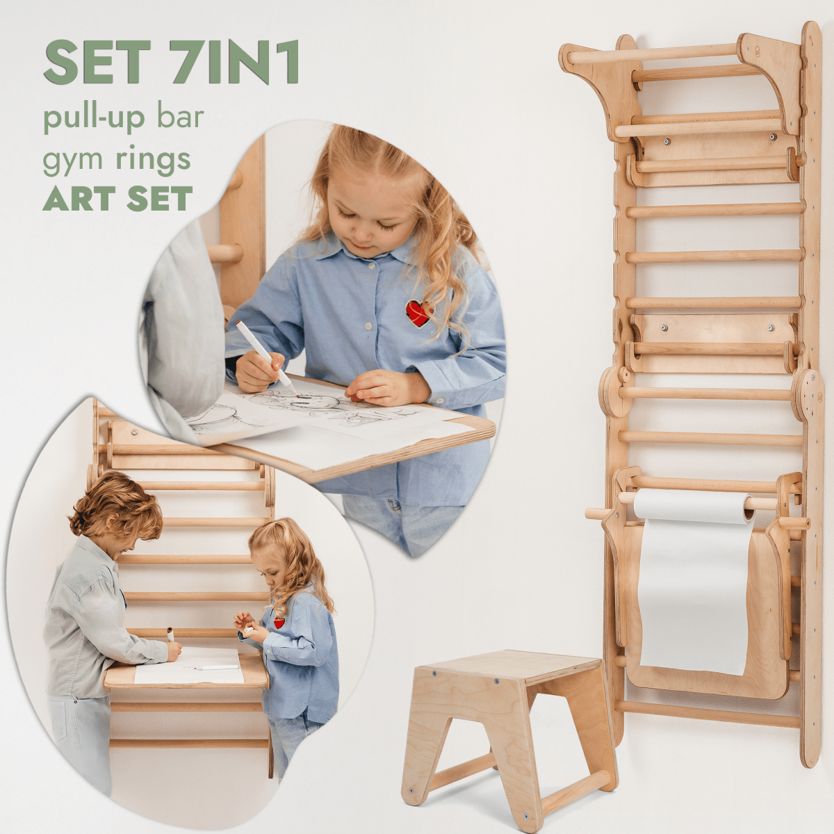 The Wooden Swedish Wall / Climbing Ladder Set for children includes a swing, slide board, and art add-on with a paper roll. Two kids draw at the art table while another stands by the climbing structure; a wooden stool is beside the set.