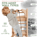 A smiling child enjoys the Wooden Swedish Wall / Climbing Ladder for Children + Swing Set + Slide Board + Art Add-on, a Montessori play set for ages 2–12. Supports up to 50 kg. Fits most wall types except drywall; do not mount on drywall.