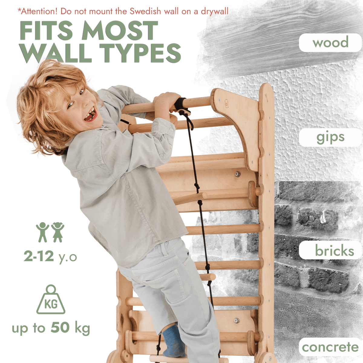 A smiling child enjoys the Wooden Swedish Wall / Climbing Ladder for Children + Swing Set + Slide Board + Art Add-on, a Montessori play set for ages 2–12. Supports up to 50 kg. Fits most wall types except drywall; do not mount on drywall.
