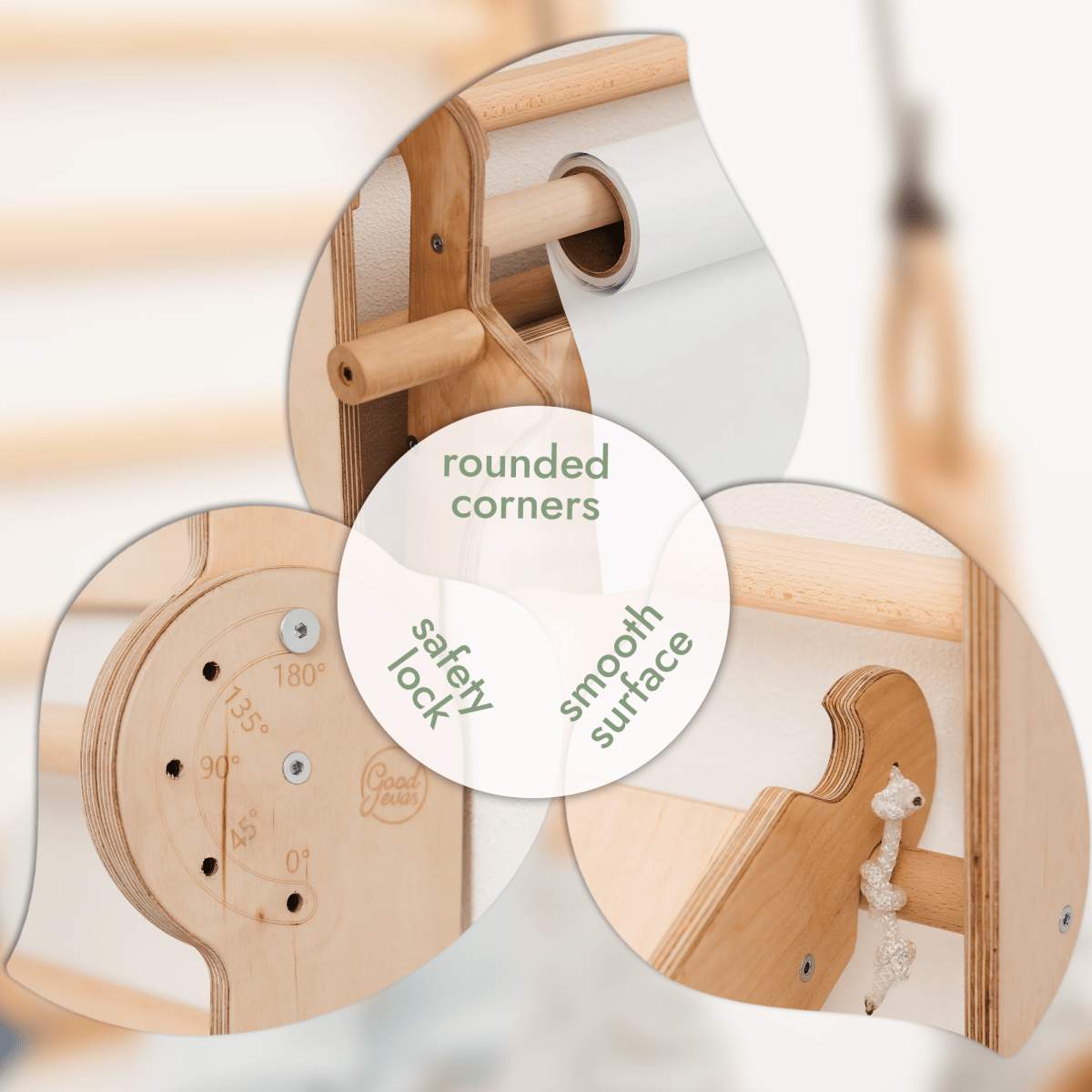 Close-up collage of the Wooden Swedish Wall / Climbing ladder for Children + Swing Set + Slide Board + Art Add-on highlights rounded corners, safety lock with angle markings, smooth surface, and paper roll holder for added safety and creativity.