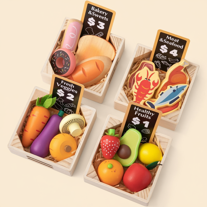 Four wooden crates from the Wooden Play Food Set with Price Cards (30+ pc) filled with wooden bakery items, meats, vegetables, and fruits, each labeled with a price card for pretend cooking.